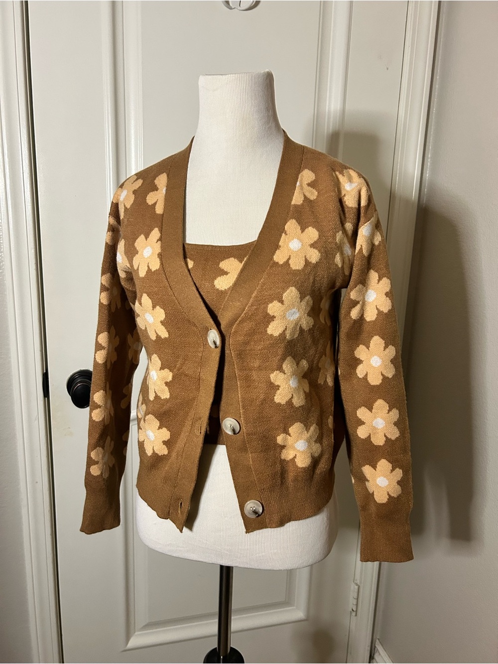 Floral Knit Brown Button-Front Cardigan with Matching Tank